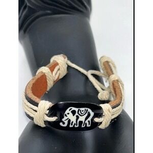 Bracelet adjustable leather strap with elephant patterned pendant bohemian style